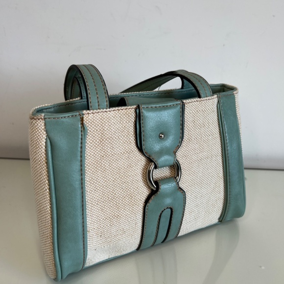 Etienne Aigner Handbag Purse Wicker Teal Blue Leather 9” - Picture 2 of 16